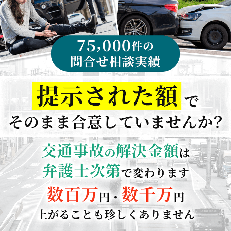 75,000件の問合せ相談実績 提示された額でそのまま合意していませんか？交通事故の解決金額は弁護士次第で変わります。数百万円数千万円上がることも珍しくありません